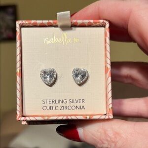 NIB Isabella M Sterling Silver Heart Cubic Zirconia Earrings
